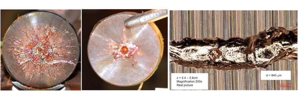 Damaged copper cylinders after the impact of 440 GeV beam in the HRMT12 (LPROT) experiment